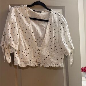 Zara White and Black Polka Dot V-Neck Blouse